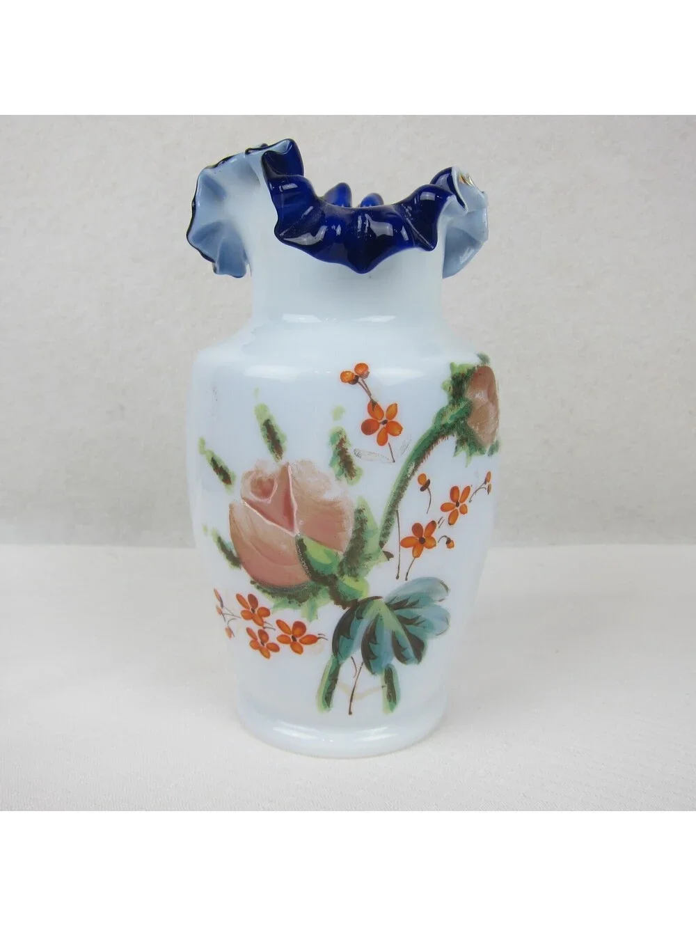 Antique Blue Opaline Glass Vase Hand Painted Floral Design Ruffled Double Crimp